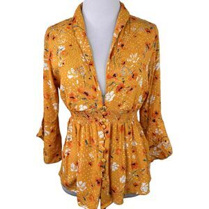 Idyllwind Mustard Yellow Long Sleeve Floral Button-Front Plunge Blouse Size XS